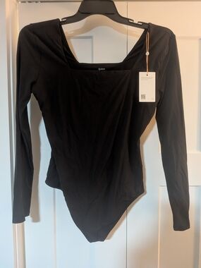 NWT QUINCE Second Skin Square Neck Long Sleeve Bodysuit Black Thong Size XL